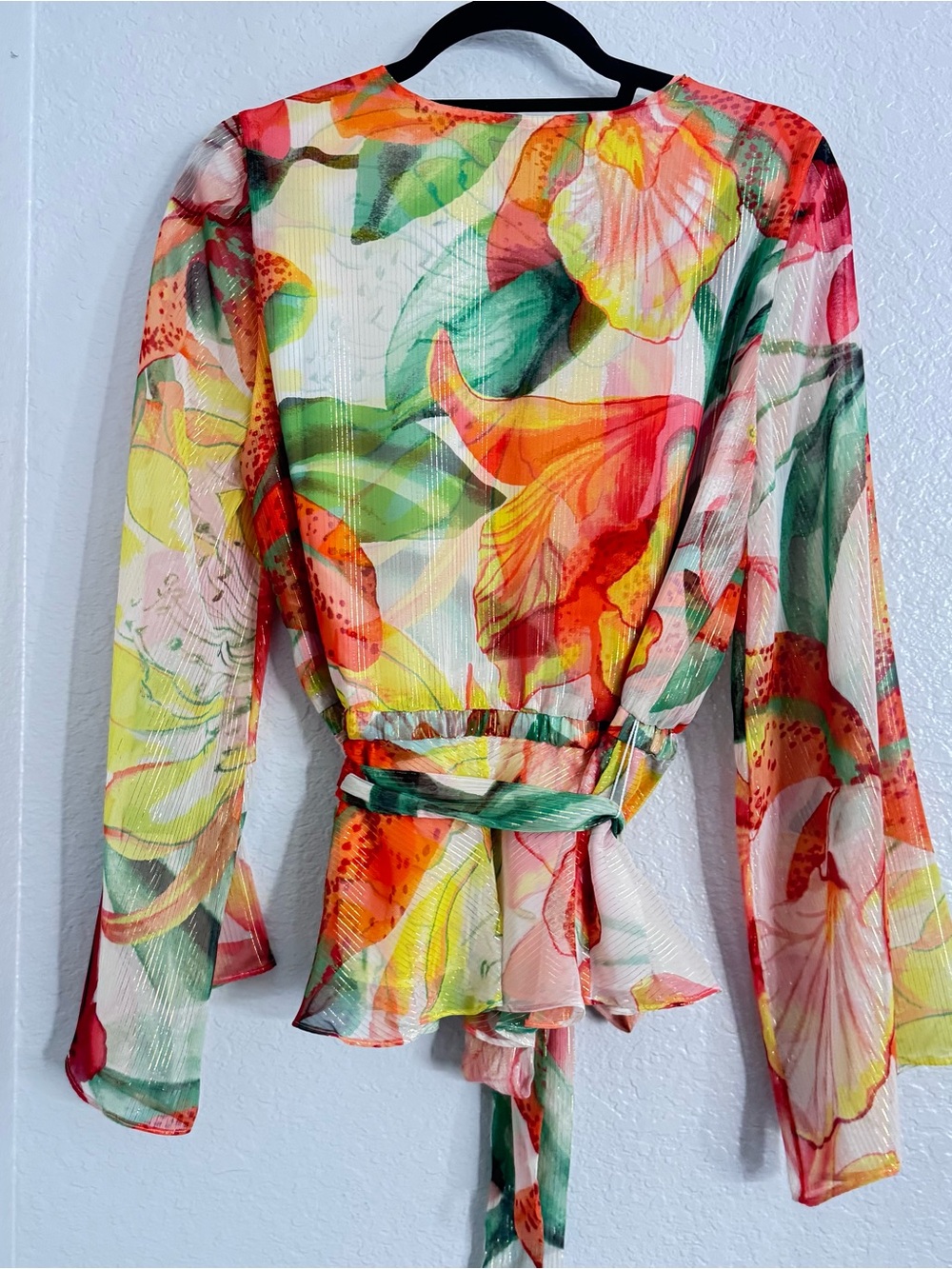 White House Black Market V-Neck Sheer Floral Top - Orange, Green, Red, Cream - Picture 8 of 12